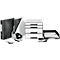 Office equipment: binders, drawer tower, hole punch, stapler, scissors, and pen holder, all in black and white.