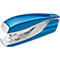 Blue stapler, white accent, Leitz logo. The stapler is slightly angled, the details are clearly visible.