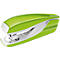 A green stapler with white accents and the Leitz logo. Close-up, frontal view.