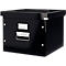 Black, square archive box with lid and metal handles. A name tag is attached.