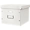 White file box with lid, metal handles and label holder.