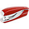 Red stapler with white frame. Leitz brand. Front view.