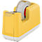 Yellow tape dispenser with a white bottom and transparent tape, brand LEITZ.