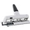 White and grey hole punch with a darker handle. Three punch heads in the center, manufacturer Leitz.