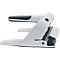 White and gray hole punch, detailed shot. The handle is dark gray and ergonomically shaped.