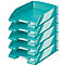 Five turquoise document trays, stacked.
