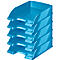 Blue stackable document trays, four pieces, empty. The imprint "Leitz" is visible.