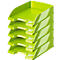 Stack of green paper trays stacked on top of each other. "Leitz" is written on each tray.