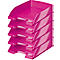 Five pink plastic document trays stacked. They are slightly curved and have a recess at the bottom.