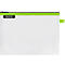 Transparante Leitz documententas met groene rits en logo.