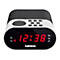 Schwarzer Lenco Radiowecker mit rotem LED-Display zeigt 12:38 Uhr und hat oben diverse Bedientasten.