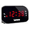 Digitaler Lenco Radiowecker mit roter LED-Anzeige zeigt 12:38 Uhr vor schwarzem Hintergrund.