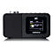 Schwarzes Lenco DAB+ Digitalradio vor weißem Hintergrund mit leuchtendem Display und Lautsprechergitter.