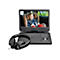 Tragbarer Lenco DVD-Player mit Bildschirm und Kopfhörer. Auf dem Display ist ein lachendes Kind im Kindersitz zu sehen.