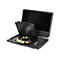 Schwarzer, tragbarer DVD-Player mit aufgeklapptem Laufwerk und eingelegter DVD vor weißem Hintergrund.