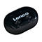 Schwarze kabellose OhrhÃ¶rer in einer schwarzen Ladebox. Auf der Box und den OhrhÃ¶rern ist der Schriftzug Lenco zu sehen.