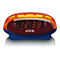 Bunter Digital-Radiowecker in Orange und Blau mit roter LED-Anzeige zeigt 12:38 Uhr.