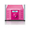 Vorderansicht einer pinken Lenco Stereoanlage mit CD-Player, Lautstärkeregler und digitalem Display vor weißem Hintergrund.