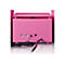 Rückansicht eines pinkfarbenen Lenco Musiksystems mit Lautsprecheranschlüssen, FM-Antennenkabel und AUX-Eingang.