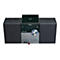 Schwarze Lenco Mikroanlage mit CD-Player, Lautsprechern, USB-Anschluss und digitalem Display vor weißem Hintergrund.