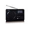 Schwarzes tragbares Lenco Digitalradio mit ausziehbarer Antenne, Lautsprecher und Tastenfeld vor weißem Hintergrund.