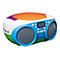 Buntes Kinder-CD-Radio. Orangefarbener CD-Deckel, blaue Front mit zwei Lautsprechern und Lenco-Logo. Digitalanzeige.