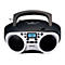 Schwarzer Lenco CD-Player mit weißer Front, zwei Lautsprechern, Tragegriff und blauem Digitaldisplay.