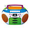 Bunter Retro-Boombox-Player mit orangefarbenen Lautsprechern, grüner Front, weißem Gehäuse, blauem Deckel und lila Griff. Display zeigt 008.