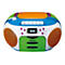 Bunter, runder Lenco Kassetten- und CD-Player mit orangefarbenen Lautsprechern auf weißem Hintergrund.