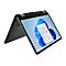 Schwarzes Laptop-Tablet mit Touchscreen, teilweise geöffnet, auf dem Windows-Desktop mit geöffneten Apps zu sehen ist.
