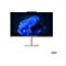 Ein silberner Lenovo All-in-One-PC mit Windows-Hintergrundbild. Das Display zeigt blaue Wirbel. Webcam oben.