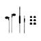 Schwarze In-Ear-Kopfhörer mit drei zusätzlichen Ohreinsätzen und einem Klinkenstecker auf weißem Hintergrund.
