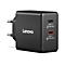 Schwarzes Lenovo-Ladegerät mit USB-C-Anschlüssen. Aufschrift: USB-C2 18W MAX und USB-C1 65W MAX.