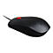 Souris Lenovo noire avec bouton rouge, câble, et fond blanc.