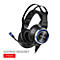 Casque de jeu noir avec anneau éclairé en bleu et microphone, texte : Gaming Headset HS25.