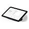 Ein schwarzes Tablet mit einem Bildschirm, auf dem ein Meeting-Zeitplan angezeigt wird. Auf dem Bildschirm werden Uhrzeit, Datum und Meeting-Informationen angezeigt.