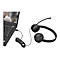 Schwarzes Lenovo-Headset mit Mikrofon, an Laptop angeschlossen. Auf dem Bildschirm ist ein Videogespräch zu sehen.