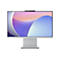 Ein Lenovo All-in-One-PC mit weißem Bildschirm, der auf einem weißen Sockel steht. Der Bildschirm zeigt eine abstrakte, mehrfarbige Grafik.