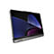 Grauer Laptop mit schwarzem Bildschirm und Display mit lila und blauem Hintergrund vor weißem Hintergrund. Ein roter Punkt markiert die Kamera.