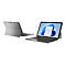 Grauer Laptop mit Tablet-Modus und angebrachtem Keyboard vor weißem Hintergrund.