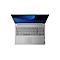 Grauer Laptop, von oben gesehen und geöffnet. Auf dem Bildschirm ist ein blauer Hintergrund zu sehen. Die Tastatur ist beleuchtet.