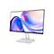 Moderner, weißer PC-Monitor mit abstraktem, farbenfrohem Hintergrund auf einem filigranen Standfuß vor weißem Hintergrund.