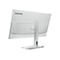 Die Rückansicht eines weißen Lenovo Monitors mit Standfuß auf weißem Hintergrund.