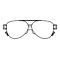 Schwarz umrandete Sonnenbrille, klare Gläser, klassisches Design.