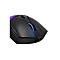 Nahaufnahme einer schwarzen Gaming-Maus mit blau beleuchtetem Scrollrad vor weißem Hintergrund.