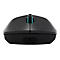 Schwarze kabellose Gaming-Maus in der Vorderansicht mit sichtbarem USB-C-Ladeanschluss und beleuchtetem Scrollrad.