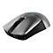 Graue, ergonomische Gaming-Maus auf weißem Hintergrund mit leuchtendem blauem Logo.