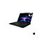 Schwarzer Laptop der Marke Lenovo Legion. Bildschirm zeigt Grafik mit Logo, Keyboard und Touchpad. Aufkleber Intel Core Ultra.