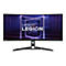 Ein breiter, gebogener Lenovo Legion Gaming-Monitor vor weißem Hintergrund mit leuchtendem blau-violettem Tunnel-Hintergrundbild.