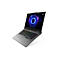Grauer Laptop mit geöffnetem Display, das einen blauen, neonfarbenen Kreis zeigt. Tastatur mit farbiger Beleuchtung. Das Lenovo-Logo ist sichtbar.